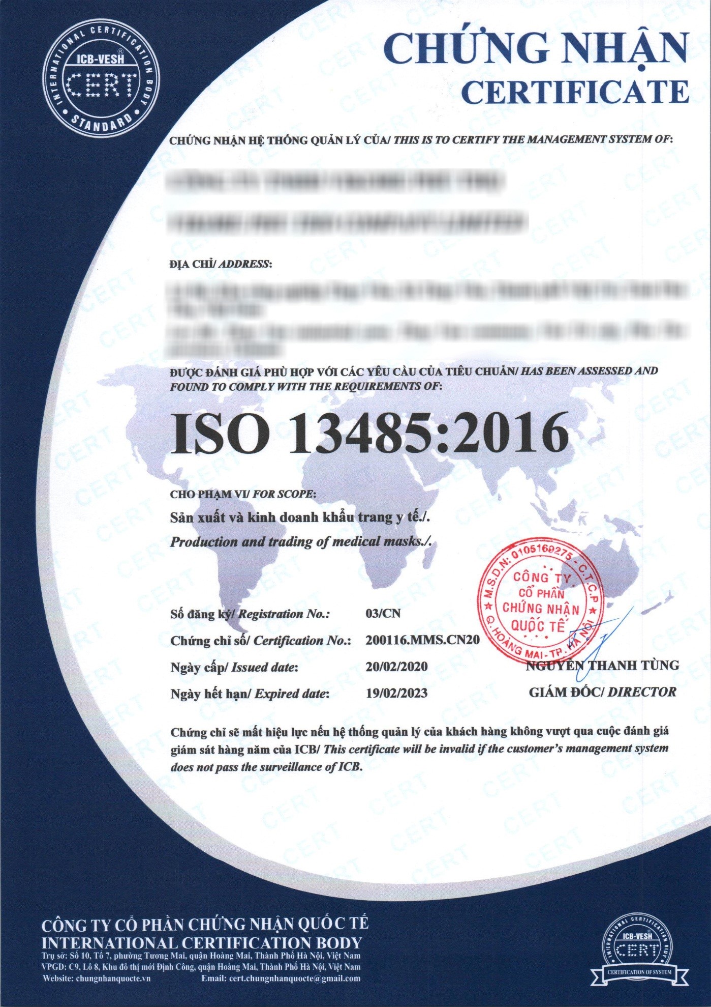Mẫu chứng chỉ ISO 13485:2016 2