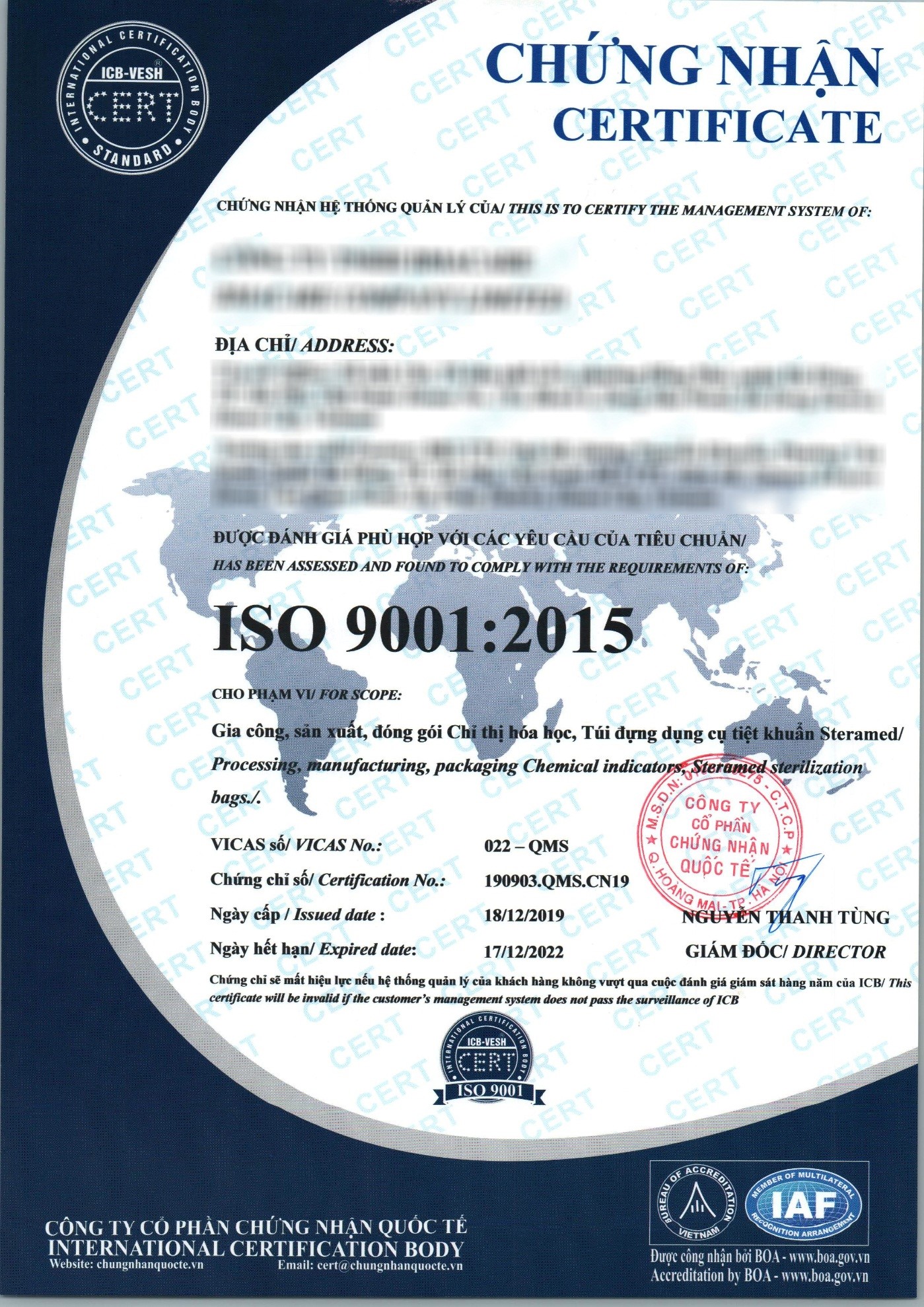 Mẫu chứng chỉ ISO 13485:2016